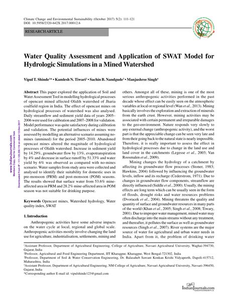 Pdf Water Quality Assessment And Application Of Swat Model For