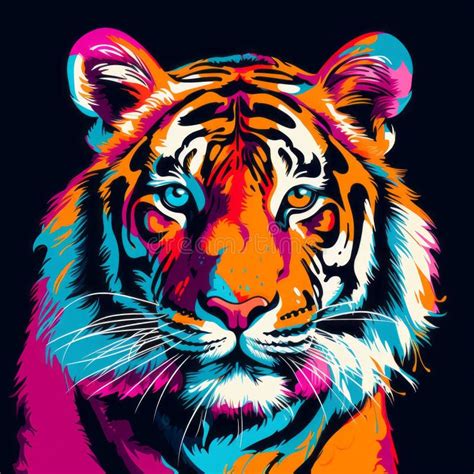 Colorful Tiger Head Print In Pop Art Style Stock Illustration