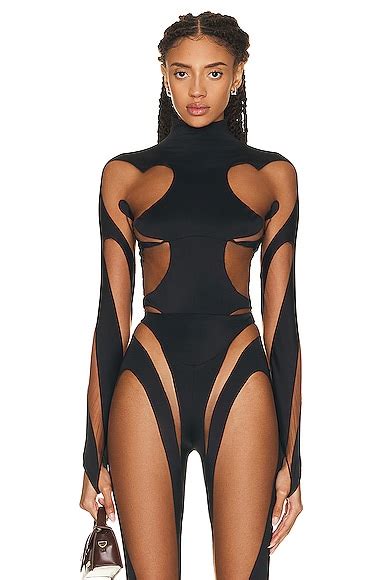 Mugler High Neck Long Sleeve Bodysuit In Black Nude 02 ModeSens