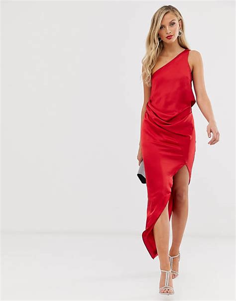 Asos Design One Shoulder Drape Midi Dress In Satin In Red Asos
