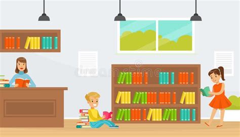 Children Choosing And Reading Books Library Interior With Elementary