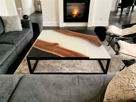 Wood Coffee Table Black With Foggy White Epoxy Resin