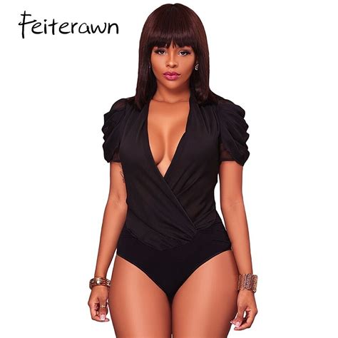 Feiterawn 2018 Summer Jumpsuits Woman Body Femme Black Chiffon V Neck