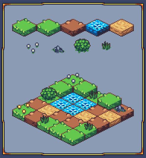 An Old School Pixel Art Game With Trees Bushes And Water In The