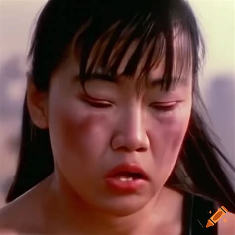 asian american female martial arts fighter with bruised face in 80s movie scene on craiyon