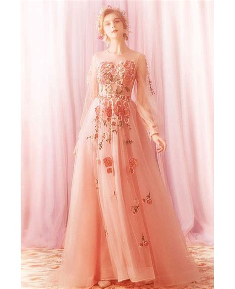 Dreamy Pink Tulle Flowers Prom Dress With Long Sleeves Embroidery