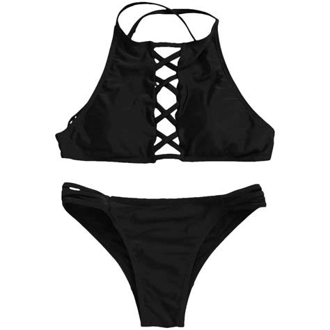 2018 Swimwear Women Bikini Solid Hollow Swimsuits Push Up Low Waist High Neck Bikini Set