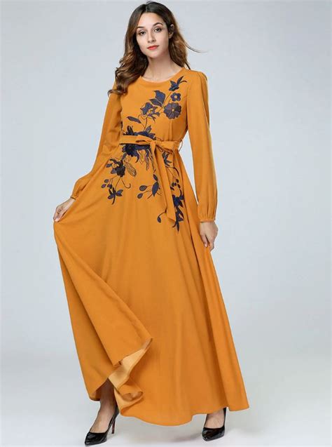 flowers embroidery robe turkish fashion abaya dark yellow night dress