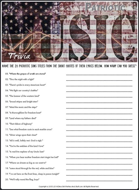 In this category, you'll find a lot of music trivia questions with answers on different topics and genres. July 4th Songs - A Trivia of Patriotic Lyrics