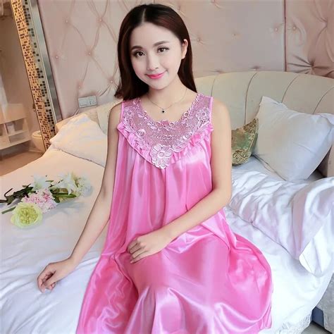 Plus Size 4xl Womens Sexy Silk Nightgowns Ladies Lace Long Sleepwear 2018 Summer Girls