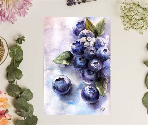 Blueberries ORIGINAL Watercolor Painting Food Art Watercolour By Yana