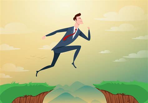 Businessman Jump Through The Gap Obstacles Between Hill To Success