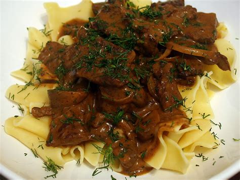 The original stroganoff recipe from the mid 19th century had no mushrooms and no onions but was strips of beef filet in a mustard sauce finished with sour cream. Beef Stroganoff for Two Recipe