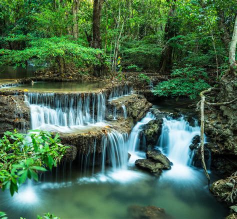 Huay Mae Kamin Waterfall In Tropical Green Forest