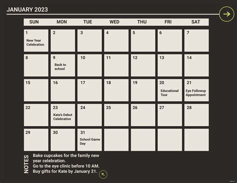 January 2023 Calendar Template Illustrator Word Psd