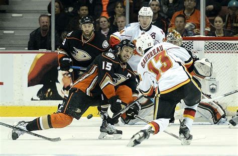 Ryan Getzlaf 15 Of The Anaheim Ducks Attempts To Block A Shot On Goal By Johnny Gaudreau 13 Of