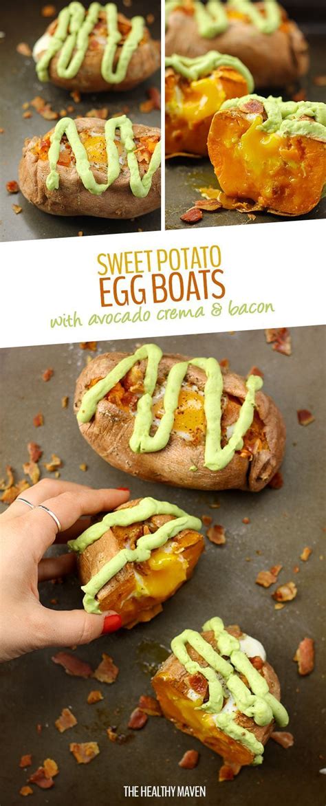 Sweet Potato Egg Boats With Avocado Crema And Bacon The Healthy Maven