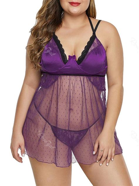 Satin Dotted T Back Underwire Sheer Mesh Plus Size Babydoll OFF Rosegal