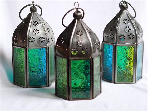 Moroccan Tonal Glass Tea Light Lanterns Set Of 3 Blue And Green Ebay