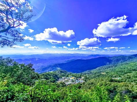 Top View Of Blue Sky With Village Mountain Thailand Stock Photo