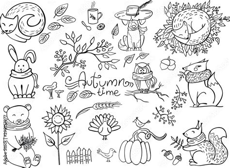 Set Of Doodle Autumn Animals Isolated On White Fox Bear Squirrel