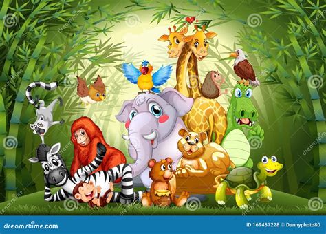 Many Cute Animals In Bamboo Forest Stock Vector Illustration Of Lion