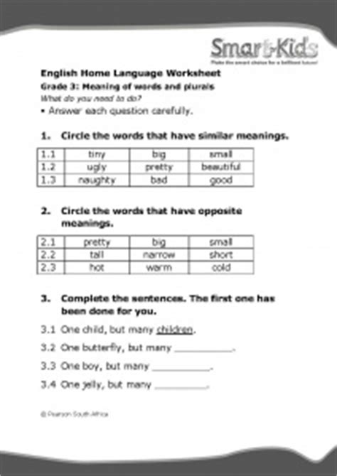 Welcome to smart kids software's store. Grade 3 English Worksheet: Meaning of words and Plurals | Smartkids