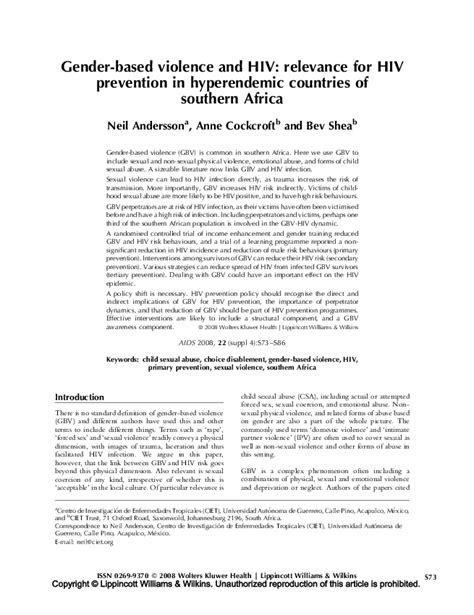 Pdf Gender Based Violence And Hiv Relevance For Hiv Prevention In Hyperendemic Countries Of