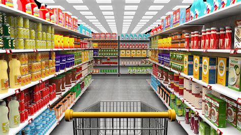 Supermarket Interior With Shelves Full Of Various Products And Empty