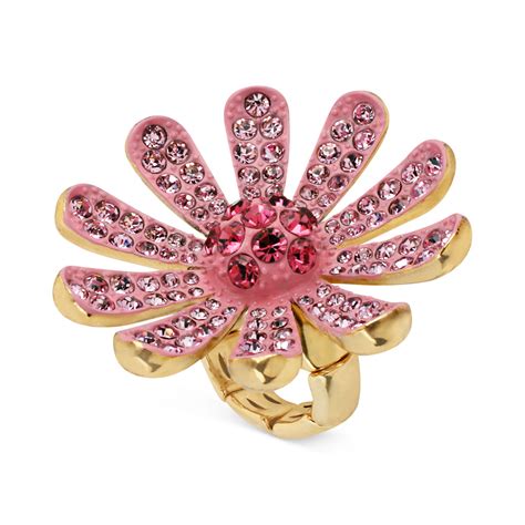Betsey Johnson Goldtone Crystal Pave Pink Flower Stretch Ring In Pink
