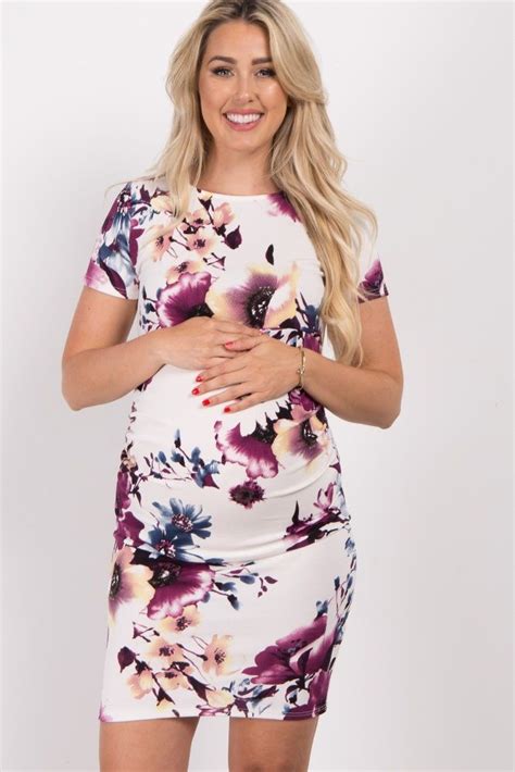 Pinkblush Purple Floral Short Sleeve Fitted Maternity Dress