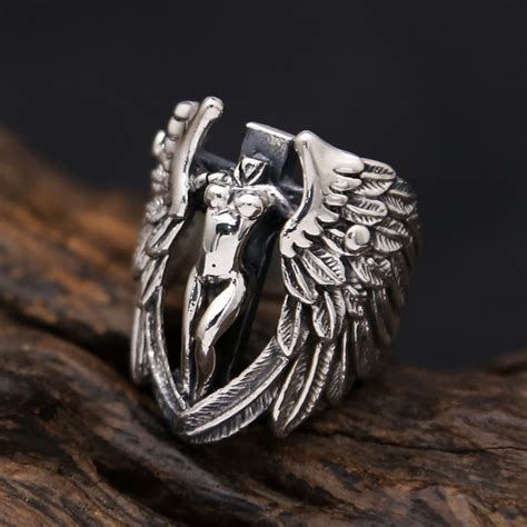 Gothic Punk Style Men Rings 925 Solid Sterling Silver Angle Wing Cross