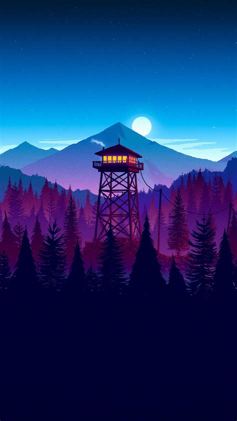 Free Download Landscape Mountains Forest Watch Tower Minimalist Digital