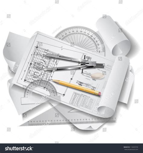 Architectural Background With Drawing Tools And Rolls Of Drawings Vector Clip Art 114633733