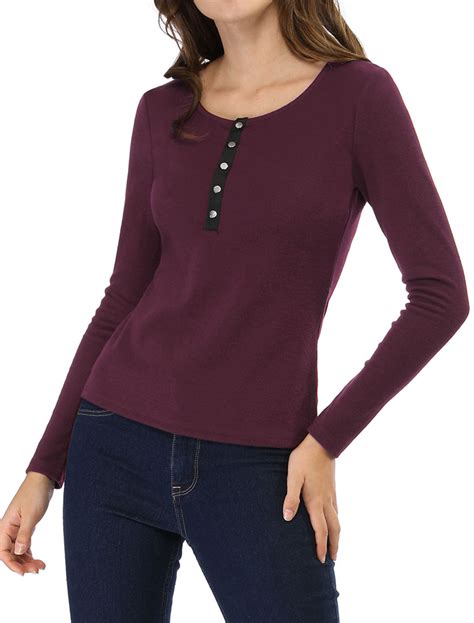 Unique Bargains - Women's Long Sleeve Knit Top Henley Neck Button Shirt 