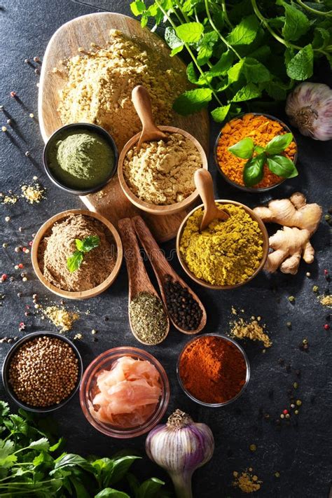 Composition With Assortment Of Spices And Herbs Stock Photo Image Of