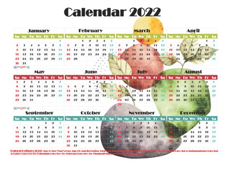 12 Printable Yearly 2022 Calendar With Holidays Watercolor Zohal