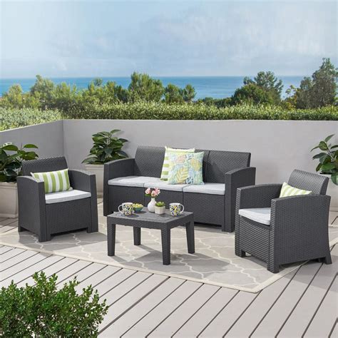 Noble House 4 Piece Faux Wicker Patio Conversation Set With Light Gray