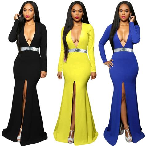 Sexy Women Deep V Neck Sequin Waist Bodycon Maxi Dress Elegant Night Dress With Front Split