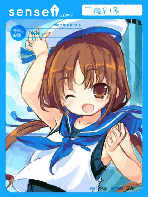 kiyama satoshi hayami ayumi submarine 707r 1girl arm up armpits brown hair crop top hand