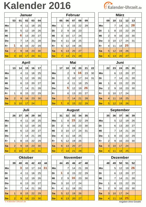 Excel Kalender 2016 Kostenlos