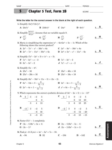 Chapter 5 Test Form 2b Answers Algebra 1 Fill Online Printable