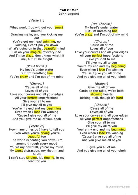 Song John Legend All Of Me English Esl Worksheets For Distance