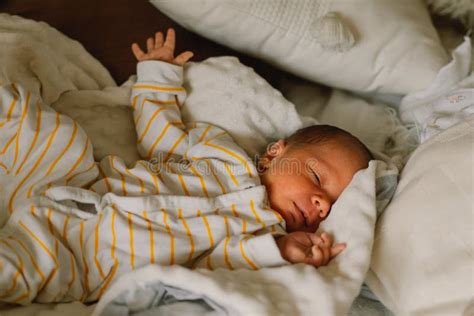 Cute Newborn Little Baby Boy Sleeping In Crib Stock Photo Image Of