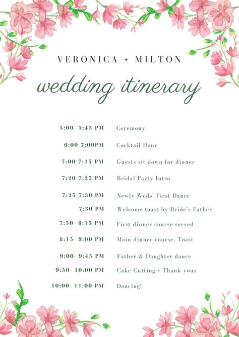 Editable Wedding Itinerary Template