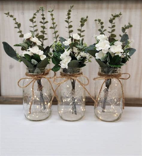 White Mini Rose Lighted Mason Jar Centerpiece Wedding Etsy Jar