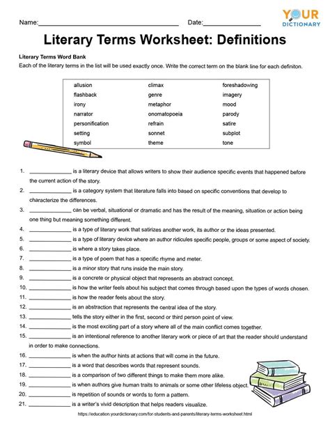 Ninth Grade Literary Terms Worksheet