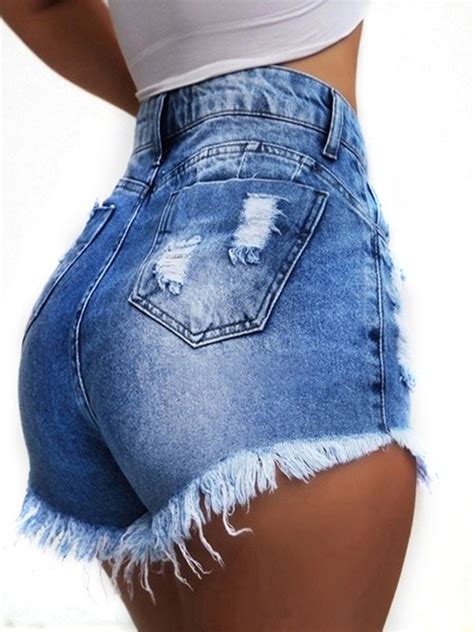 Himone Women Denim Tassels Ripped Hole Shorts High Waist Bodycon Short Jeans Mini Hot Pants