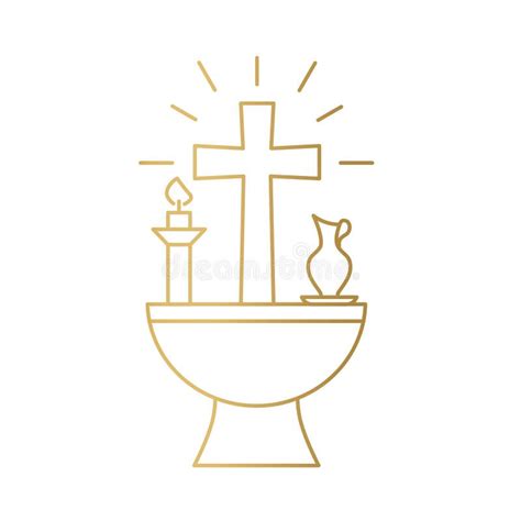 Golden Baptismal Font With Cross Candle And Pitcher Christening