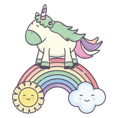Unicornio Lindo En Arco Iris Con Las Nubes Y Los Caracteres Del Kawaii